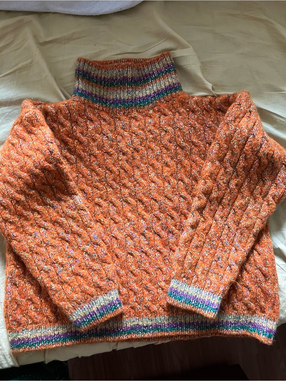 henri bendel Orange Cable Knit Turtleneck Sweater with Multicolor Trim